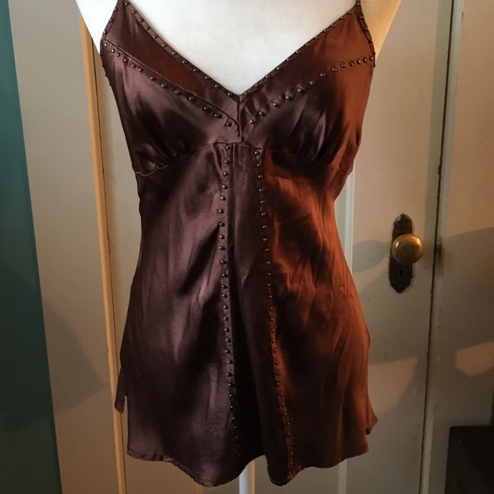 Chocolate brown 100% silk cami with tiny bronze metal decorative trim, sz M